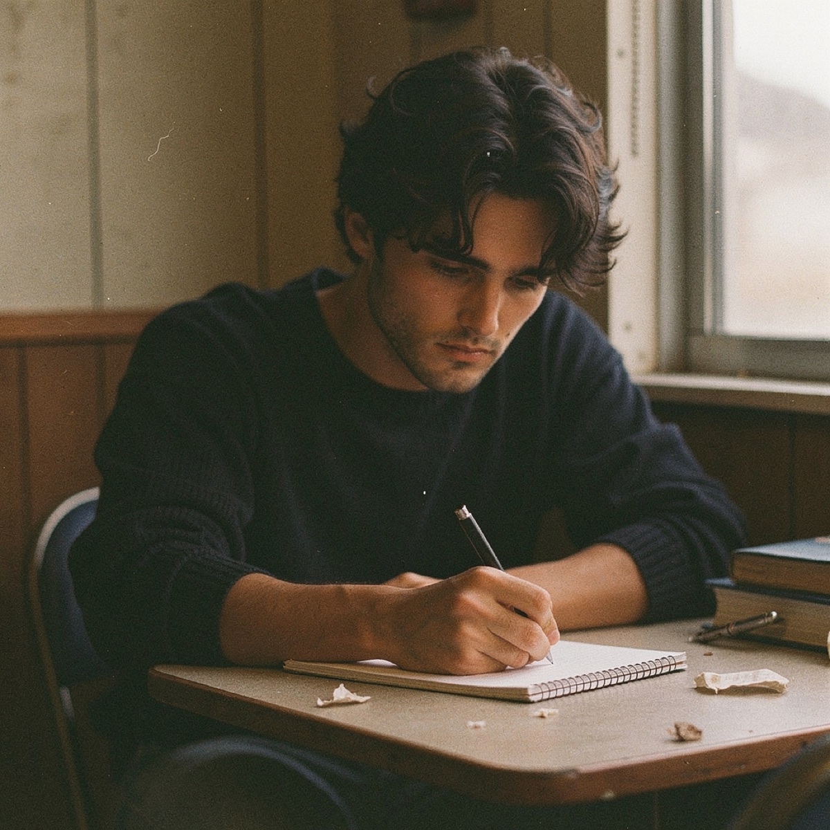 Eli writing at a table with a notebook