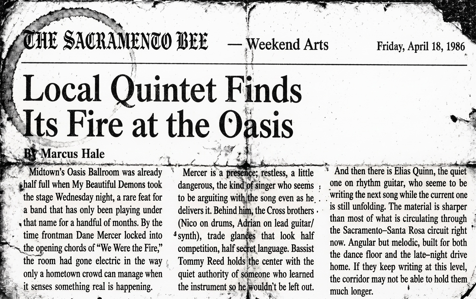 The Sacramento Bee clipping titled Local Quintet Finds Its Fire at the Oasis