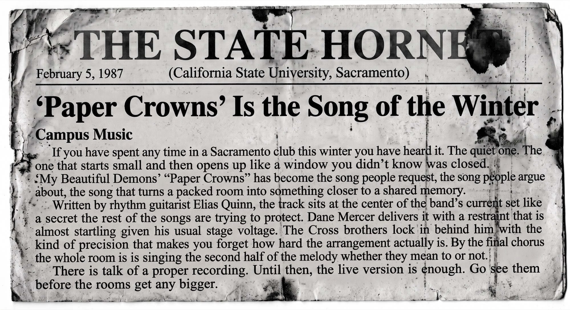 The State Hornet clipping titled Paper Crowns Is the Song of the Winter